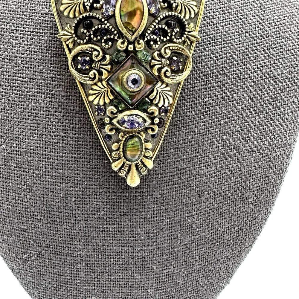 Michal Golan Stamp Brooch Pendant‎ Gold Tone Multi Stone Statement Vintage Style